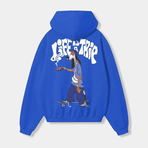 Sudadera con capucha de forro polar grueso azul real personalizada con estampado gráfico, estilo urbano oversize para adultos - Product Image 2