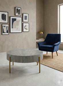Table basse ronde en os incrusté de style américain, motif bleu et blanc, design décoratif, artisanat ARIF AH-00570, fabriquée en Inde - Product Image 1