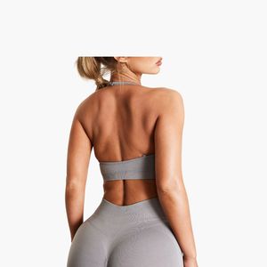 Soutien-gorge de sport côtelé sans couture pour femme, col rond, bretelles spaghetti, maintien moyen, pour yoga et activités sportives, gris - Product Image 4