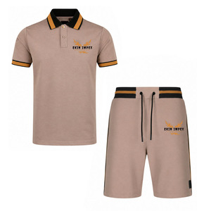 EKIN IMPEX Men's Casual Polo Shirt And Shorts <b>Set</b> Beige With Black And Orange Trim Breathable <b>Knitted</b> Summer Wear T Shirts <b>Set</b> - Product Image 1