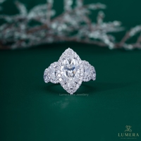 Anillo de Compromiso con Halo de Diamantes Cultivados en Laboratorio con Corte Marquesa para Mujer, Oro Blanco de 18K, Tres Piedras, Media Luna, Diamantes Laterales, Anillo de Lujo con Certificado IGI
