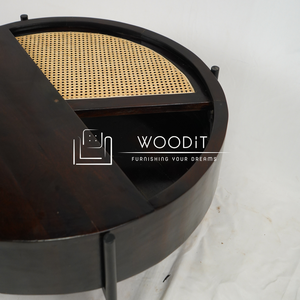 Table basse ronde contemporaine en rotin tressé avec pieds en métal, design moderne pour salon et bureau - Product Image 3