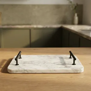 Plateau de rangement rectangulaire en marbre avec poignées en métal noir, design minimaliste, pour une utilisation en cuisine, durable - Product Image 6