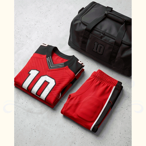 Ensemble d'uniformes de football américain pour hommes, rouge et noir, sans manches, col en V, évacuation de l'humidité, numéros d'équipe sublimés 10, taille élastique en maille - Product Image 5