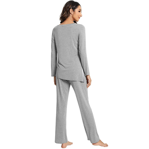 Women's Gray Knitted Long Sleeve Pajama Set Soft Full Length Casual Sleepwear Round Neck <b>Elastic</b> Waist Autumn Wear - Product Image 2