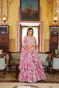 Georgette Classic Ball Gown Floor-Length Navratri Lehenga Choli Embroidered Floral Foil Print Gotta Patti Lace Slim Fit Natural - Product Image 1