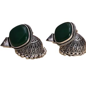 Antique Brass Oxidized Dangling Earrings <b>Green</b> Stone Jhumka indian <b>Jewelry</b> - Product Image 1
