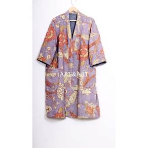 Kimono de Mujer Estilo Kantha, Algodón, Estampado Floral Elegante, Hecho a Mano, Talla Grande, Estilo Boho, Largo hasta la Rodilla, Cuello en V, Cierre con Cordón - Product Image 6