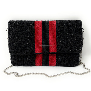 Luxury Handmade Durable Foldable Beaded Silk Stripe Clutch <b>Bag</b> Black Red Elegant Evening Purse Valentine's Day Magnetic Closure - Product Image 1