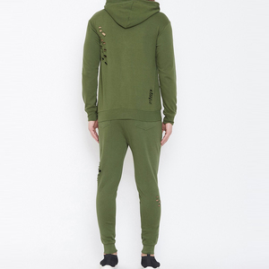 Sweat-shirt à capuche zippé vert olive délavé pour homme avec poches latérales et pantalon assorti, décontracté, hiver, 100 % coton molletonné - Product Image 2