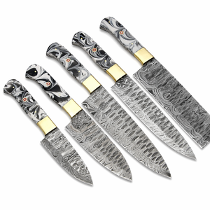 Juego de Cuchillos de Chef de Cinco Piezas Hechos a Mano por Edge Master, Acero de Damasco, Mango de Resina Ambidiestro, Funda de Cuero - Product Image 1