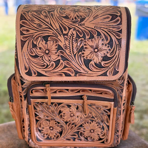 Hand <b>Tooled</b> Genuine Leather <b>Backpack</b> Western Floral Design Travel School Laptop Bag - Product Image 1