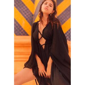 Boho Criss-Cross <b>Neck</b> Pleated Floor-Length A-Line Three Quarter Regular Fit Knitted Solid Color Summer Holiday Celebration <b>Wrap</b> - Product Image 3