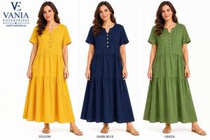 Robe longue décontractée d'été à col en V, unie, avec volants, tissée, lavable, respirante, taille naturelle, imprimé numérique, coupe oversize, ourlet long, tailles S-5XL - Product Image 2
