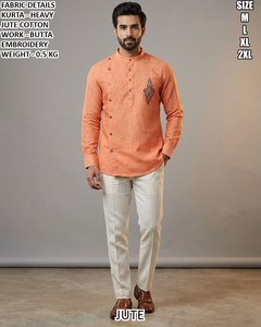 Rustic Beige Heritage Men's Cotton Floor-Length Regular Fit Traditional Kurta/<b>Kurti</b> for Diwali Wedding Party & Casual Wear - Product Image 2