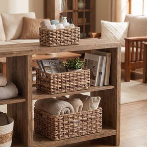 Two-Tone Woven Paper Rope <b>Storage</b> <b>Baskets</b> Set of 3, <b>Rectangular</b> Nesting Vanity & Shelf Organizer Bins with Wire Frame - Product Image 5