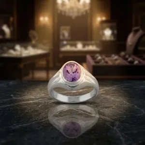 Bague en argent sterling 925 pour homme avec améthyste violette, coupe ovale, pierre précieuse authentique, bijou statement, classique, élégant, à porter au quotidien - Product Image 3