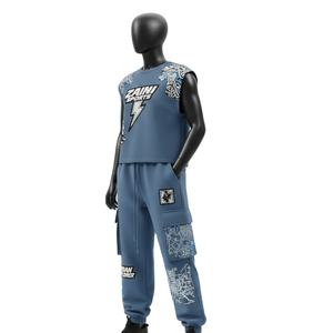 Conjunto de Mujer: Top sin Mangas y Pantalón Cargo de Algodón y Poliéster con Paneles Gráficos Azul Polvoriento y Blanco, Logotipo Personalizado con Serigrafía - Product Image 4