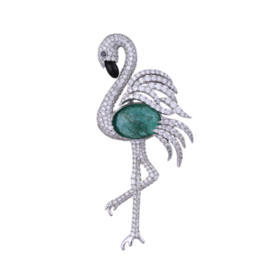 Broche de luxe en forme de paon, bijoux fins, cadeau de mariage, fabricant de bijoux sur mesure, broche en or blanc 18 carats avec diamants et émeraude - Product Image 1