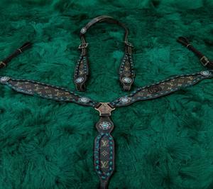 Horse tack western breast collar <b>leather</b> chest <b>harness</b> turquoise bead concho stud adjustable strap riding halter gear set - Product Image 5
