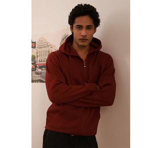 Custom Logo Heavyweight Cotton Fleece Full Zip-Up Hoodie <b>Men</b> Solid Maroon <b>Red</b> Casual Streetwear <b>Sweatshirt</b> - Product Image 2