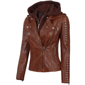 Women's Genuine <b>Leather</b> Moto <b>Jacket</b> Full Sleeve Stand Collar Zipper Closure Autumn Style Brown Color Women's thick <b>leather</b> coat - Product Image 5