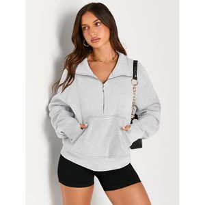 <b>Women's</b> Light Gray <b>Half</b> <b>Zip</b> Regular <b>Sweatshirt</b> Stand Collar Pullover Solid Color Knitted Cotton Blend Printed Anti-Wrinkle - Product Image 3