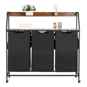 Cesto Portabiancheria a 2 Livelli con Struttura in Metallo e Piano in Legno, Organizzatore con 3 Scomparti e Ruote - Product Image 3