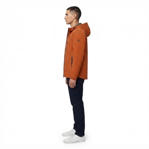 Men's Orange Hooded <b>Fleece</b> Jacket with Zipper Closure and Chest Pocket Casual Autumn Windproof 100% Polyester - Product Image 3