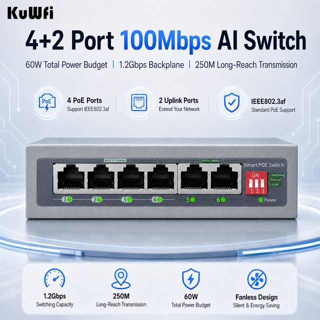 KuWFi 4+2Port Uplink AI Function Switch 250meters Distance VLAN Extend Watchdog 6Port 100Mbps PoE Switch for IP Camera Solution