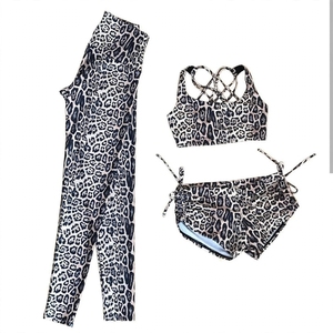 Women's 3 Piece Solid Quick Dry Yoga <b>Set</b> Crisscross Racerback <b>Top</b> <b>Seamless</b> <b>Leggings</b> Front Logo - Product Image 1