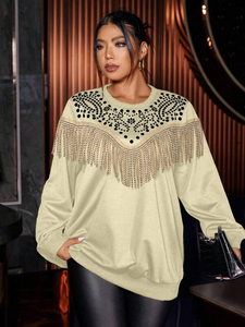 Beige <b>Fringe</b> Oversized Winter Women's 100% Cotton Long Sleeve Rhinestone Yoke Pullover Western Style Beaded Streetwear Fashion - Product Image 4