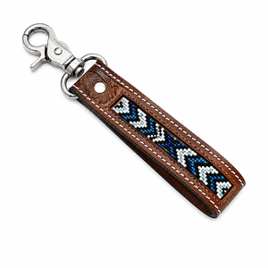 Handcrafted Brown Leather Beaded Keychain Blue White Tribal Pattern <b>Engraved</b> Floral Accent Metal Clasp Vintage Western <b>Key</b> - Product Image 1