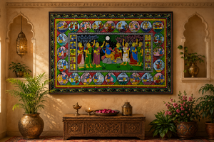 Pintura Tradicional India de Krishna Ras Leela Hecha a Mano, Arte de Pared Pattachitra en Lienzo para Sala de Estar, Comedor, Templo, Venta al Por Mayor - Product Image 3