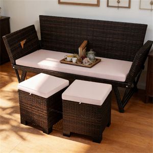 Sgabello da Esterno a Due Pezzi con Poggiapiedi in Rattan e Cuscino Crema, Poggiapiedi per Arredamento da Giardino - Product Image 2