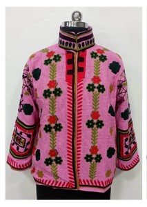 Veste rose en tricot 100% coton anti-rides, écologique, avec broderie florale, col mandarin, manches longues, manteau d'hiver pour femme - Product Image 3
