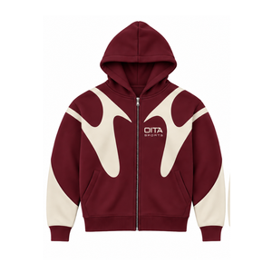 Burgundy Contrast Panel <b>Zip</b> Up <b>Hoodie</b> Men Streetwear Full Zipper Long Sleeve Casual Fleece Hooded Jacket With <b>Pockets</b> - Product Image 1