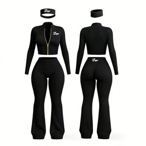 Custom Logo <b>Workout</b> Set Full Zip up Yoga <b>Jacket</b> and Flared Pants Matching Headband Gym Y2K Fitness 3 Piece Set Women Active Wear - Product Image 2