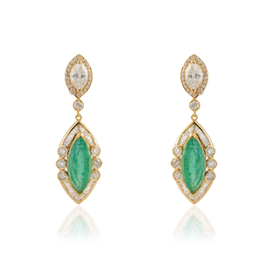Explora los Aretes Colgantes de Esmeralda y Diamantes Naturales al 100% en Forma de Marquesa para Mujer, Joyería de Oro Amarillo de 14K - Product Image 1