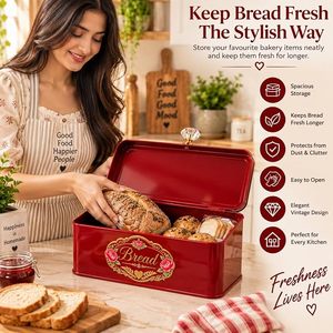 Caja de Pan Metálica Roja de Gran Capacidad, Estilo Vintage con Tapa Abatible Floral, Contenedor de Almacenamiento de Alimentos para Cocina - Product Image 6