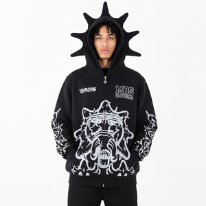 Sweat-shirt polaire homme streetwear Y2K gothique personnalisé, à capuche intégrale zippée avec cornes pointues, imprimé graphique noir en relief, épais - Product Image 4