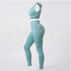 North Approach 2 Piece Yoga Set Racerback <b>Crop</b> <b>Top</b> High Waist Full Length Leggings Solid <b>Blue</b> Breathable Seamless Women's - Product Image 4