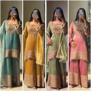 Ensemble de soirée et de mariage parfait : Ensemble de cordes croustillantes de créateur avec haut brodé de sequins, palazzo et dupatta – Tenue ethnique élégante pour femme - Product Image 4