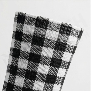 Crew <b>Socks</b> Plaid Pattern Black White Cotton Breathable Daily Wear Adult Autumn Style Regular Fit Knitted <b>Socks</b> - Product Image 4