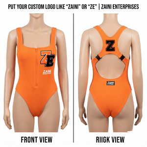 Women Bathing Suit 220 GSM Premium Ribbed Nylon Spandex <b>Orange</b> One Piece Racerback Custom Embroidered Logo Swimwear - Product Image 1
