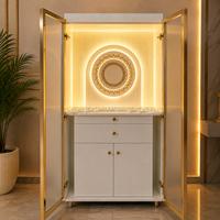 Mandir de prière en bois moderne fait main avec tiroirs de rangement, éclairage LED, finitions dorées, portes vitrées – Armoire de temple hindou pour Diwali