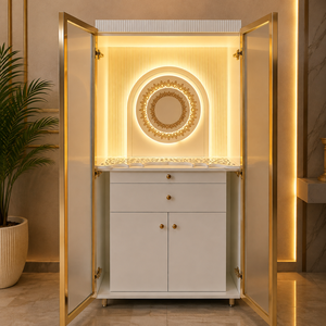 Wooden Pooja <b>Mandir</b> for Home with Storage Drawers LED Lighting Gold Trim Glass Doors Hindu Temple Cabinet Prayer Unit - Product Image 1