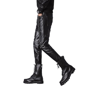 Men's Black PU <b>Leather</b> Moto Biker Pants High Waist Straight Fit Lace-up Side <b>Rivets</b> Heavyweight Winter Style - Product Image 2