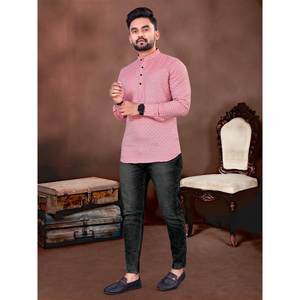 CRÉATEUR COTON MIX TISSUS UNI COURT HOMME KURTA ROSE - Product Image 1