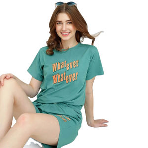 Ensemble d'été décontracté pour femmes de haute qualité, t-shirt et short en coton doux imprimé, motif brodé, tenue d'été - Product Image 5